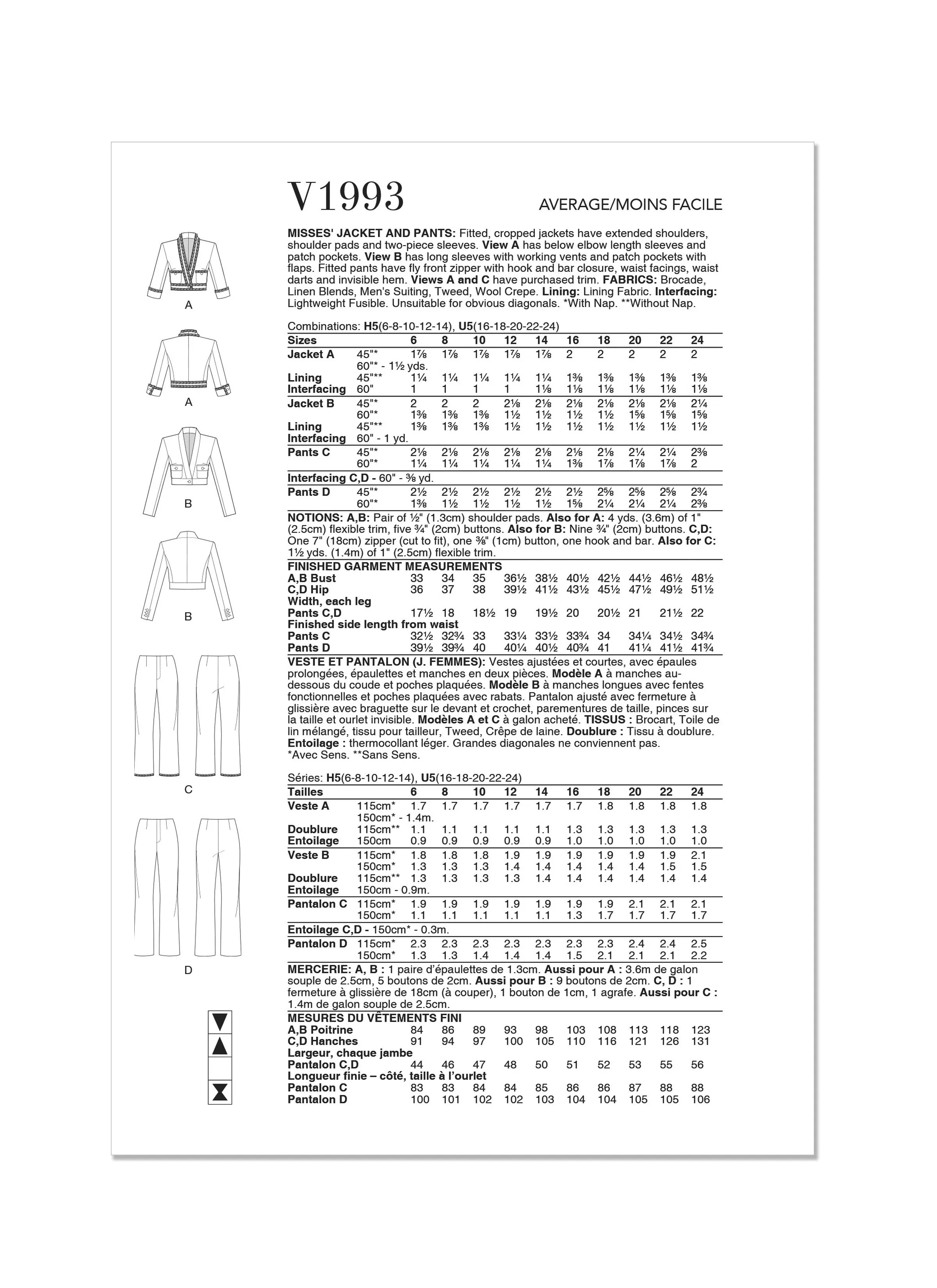 Vogue Sewing Pattern 1993 Misses' Jacket and Pants