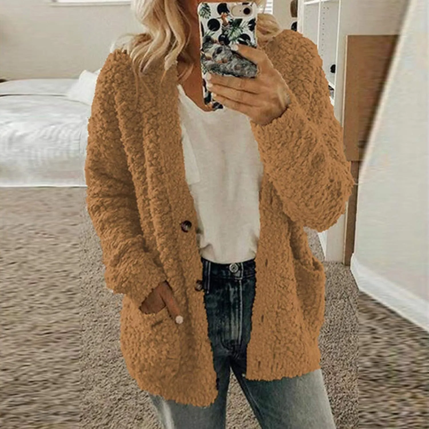 Winter Jackets for Women 2024 Fuzzy Fleece Warm Open Front Cardigans Jacket Casual Button Down Long Sleeve Lightweight Coats