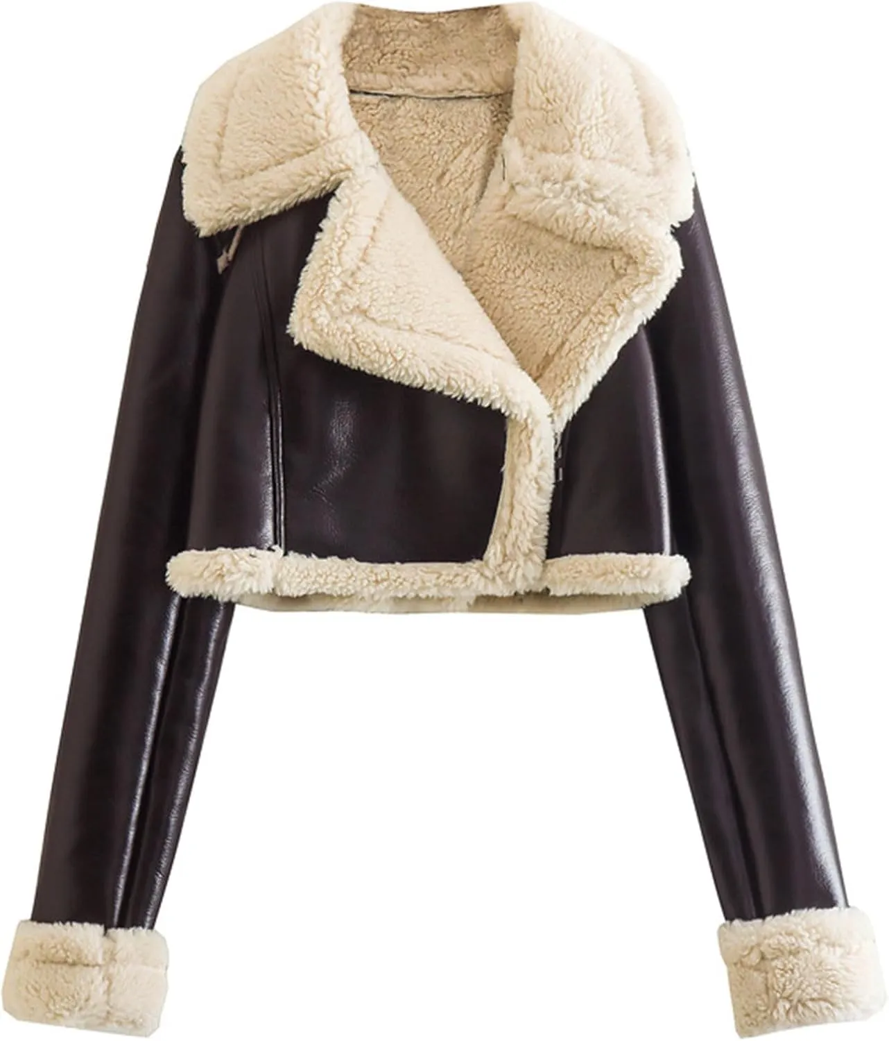Wkishenl Leather Jacket Women Winter Thicken Fleece Lined Cropped Bomber Jacket Faux Fur Shearling Fluffy Coat Moto Outerwear