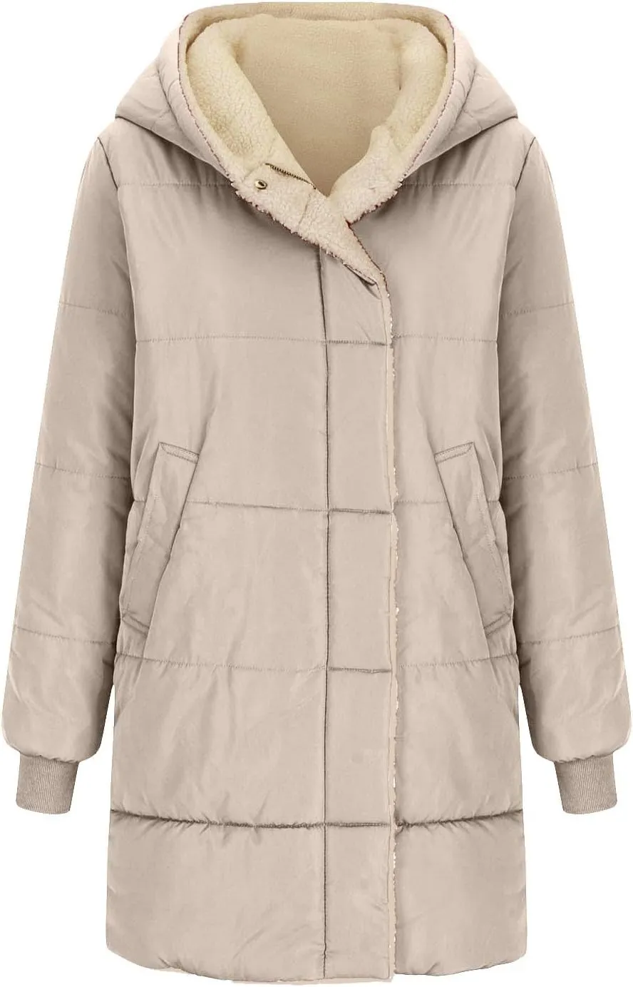 Women Reversible Jackets with Hood Oversized Shearling Fleece Long Coats with Pocket sWinter Casual Fashion Clothes