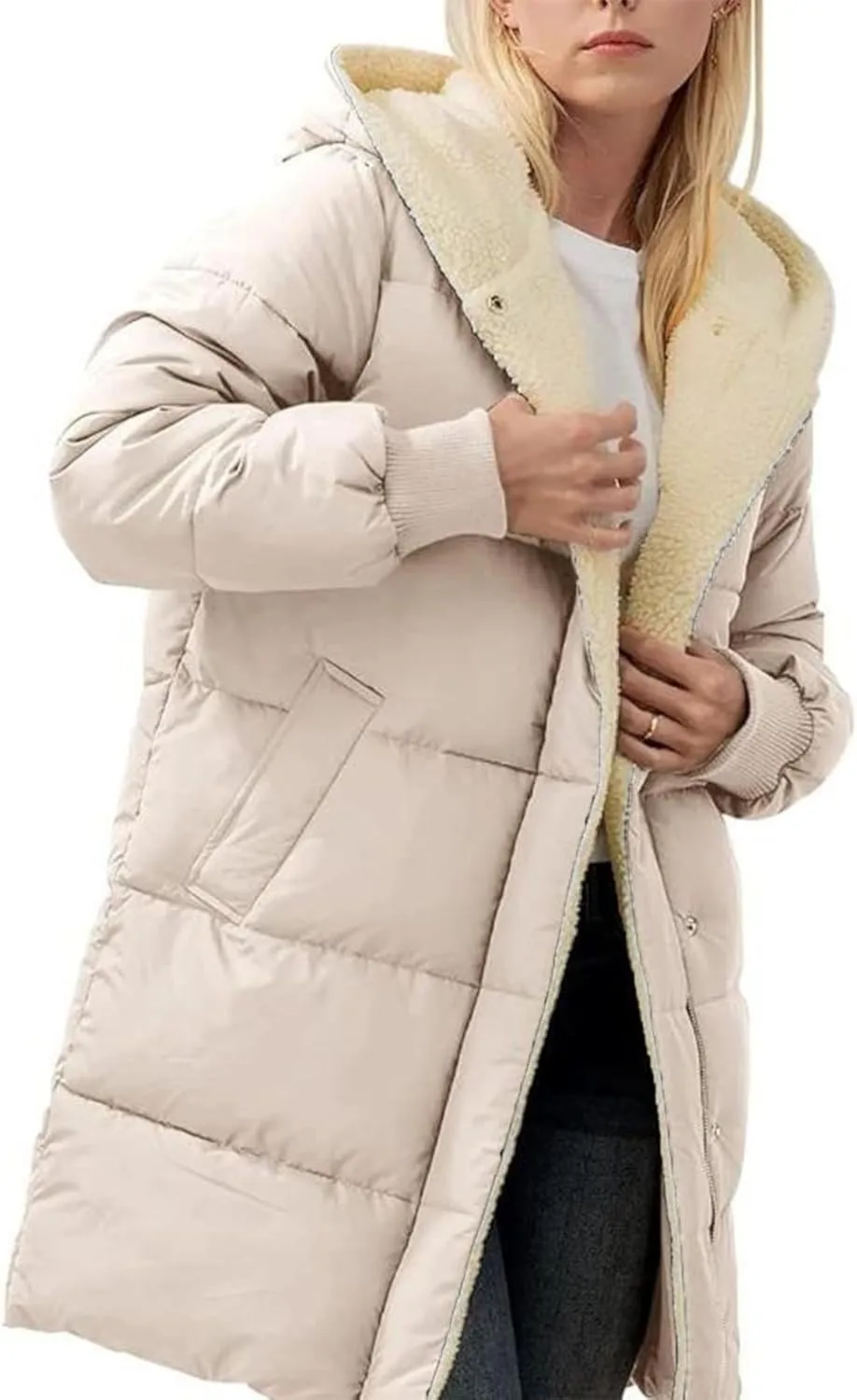 Women Reversible Jackets with Hood Oversized Shearling Fleece Long Coats with Pocket sWinter Casual Fashion Clothes
