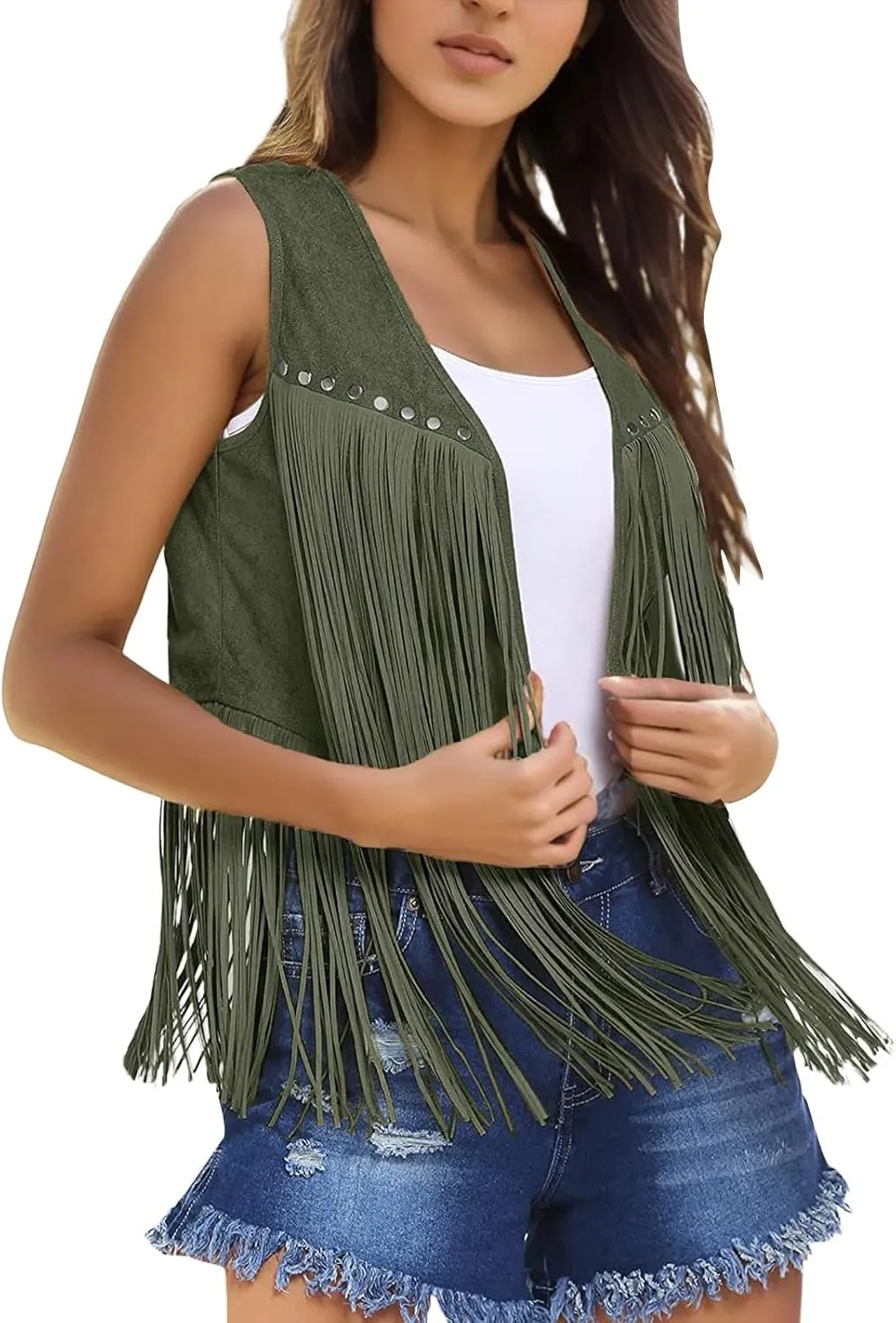 Women Tassel Vest 70s Hippie Faux Suede Rivets Sleeveless Fringe Waistcoat Open Front Western Jacket Cardigan