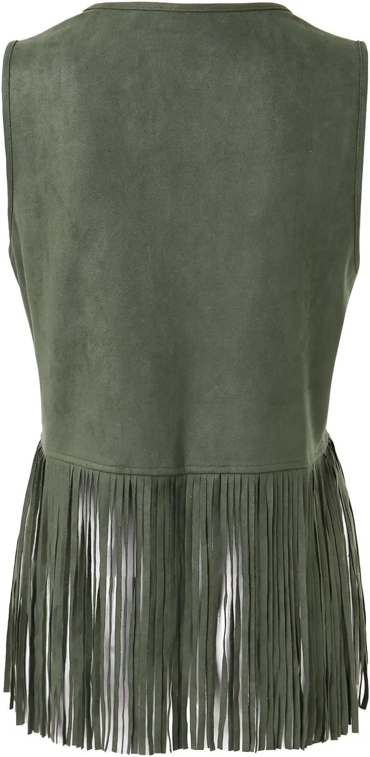 Women Tassel Vest 70s Hippie Faux Suede Rivets Sleeveless Fringe Waistcoat Open Front Western Jacket Cardigan