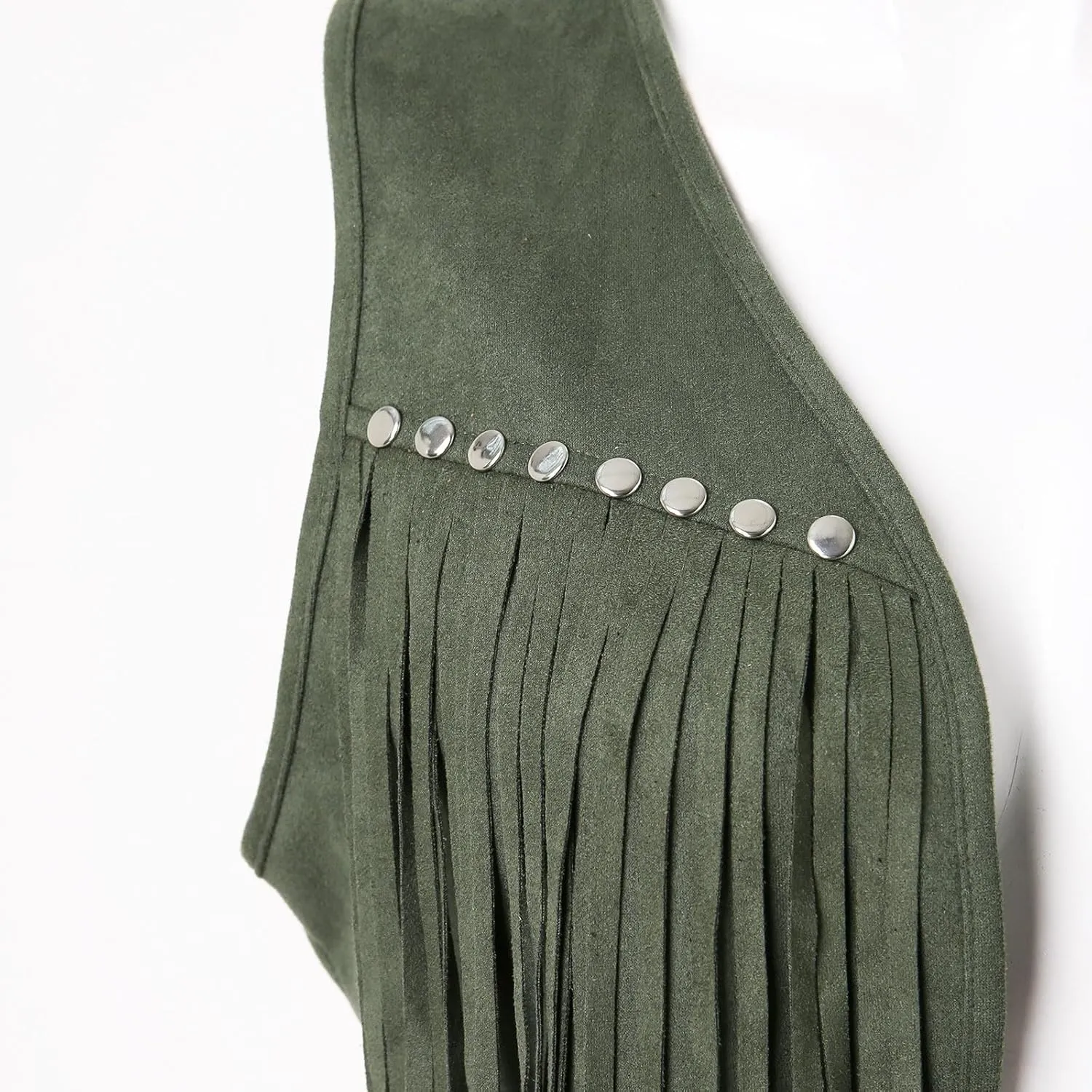 Women Tassel Vest 70s Hippie Faux Suede Rivets Sleeveless Fringe Waistcoat Open Front Western Jacket Cardigan