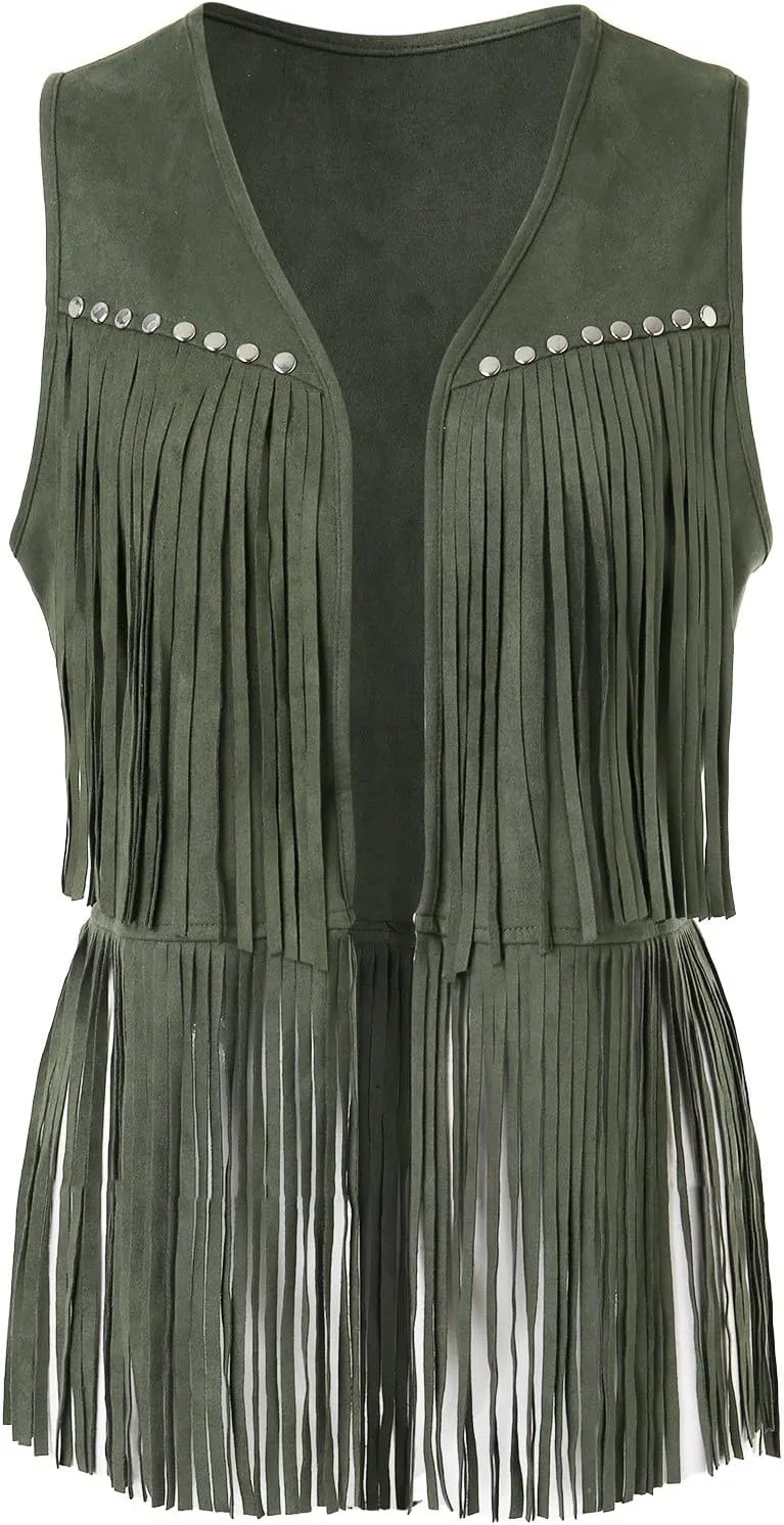 Women Tassel Vest 70s Hippie Faux Suede Rivets Sleeveless Fringe Waistcoat Open Front Western Jacket Cardigan