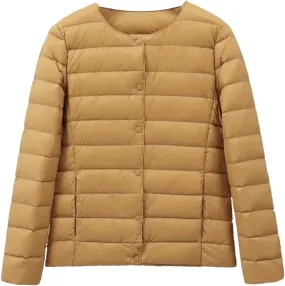 Women Winter Ultralight Puffer Jackets Collarless Reversible Duck Down Coat Portable Feather Overcoat