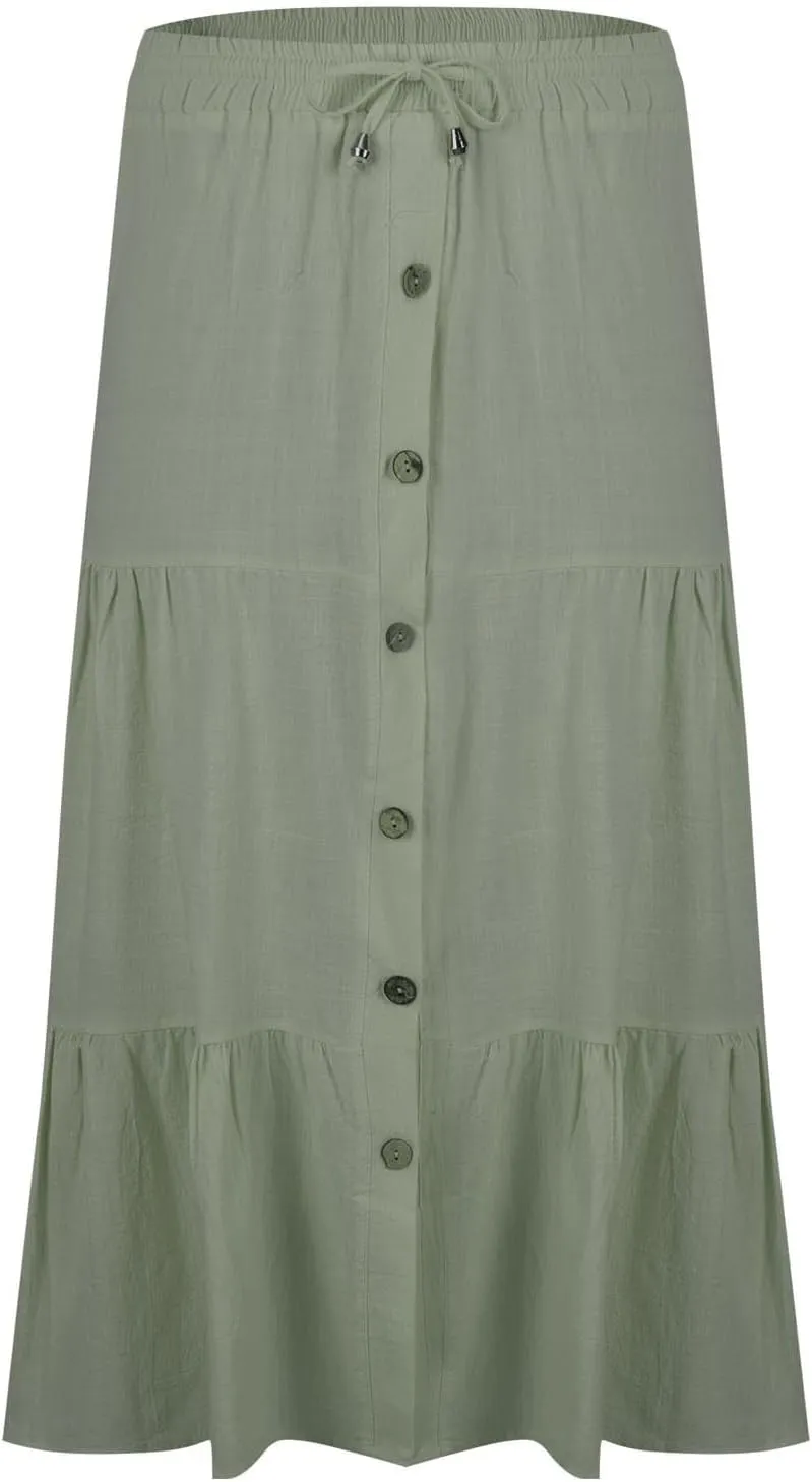 Womens A-Line Midi Skirts Casual Elastic High Waist Button Flowy Swing Pleated Solid Color Beach Boho Long Skirts