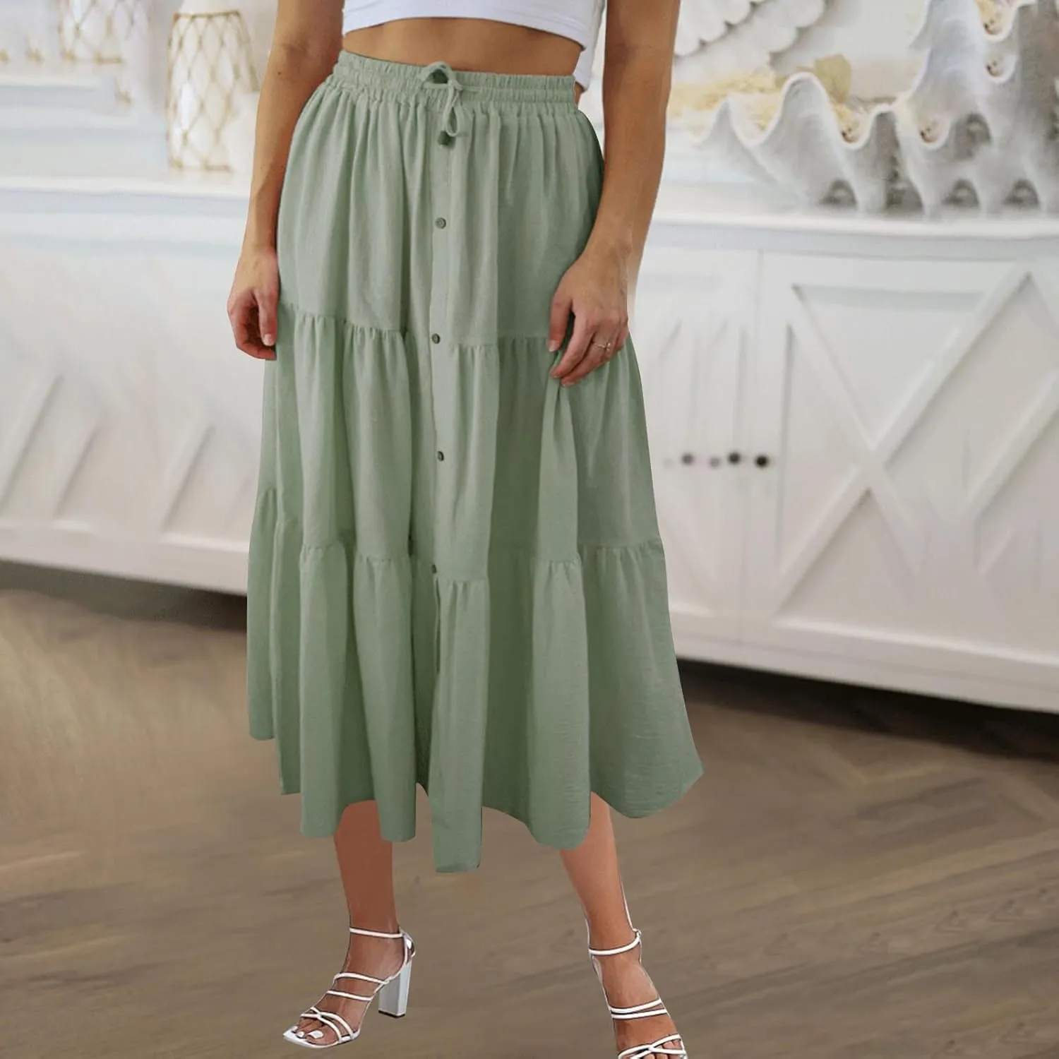 Womens A-Line Midi Skirts Casual Elastic High Waist Button Flowy Swing Pleated Solid Color Beach Boho Long Skirts