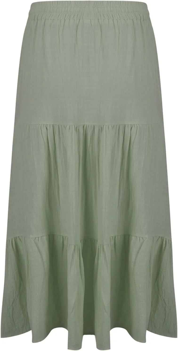 Womens A-Line Midi Skirts Casual Elastic High Waist Button Flowy Swing Pleated Solid Color Beach Boho Long Skirts