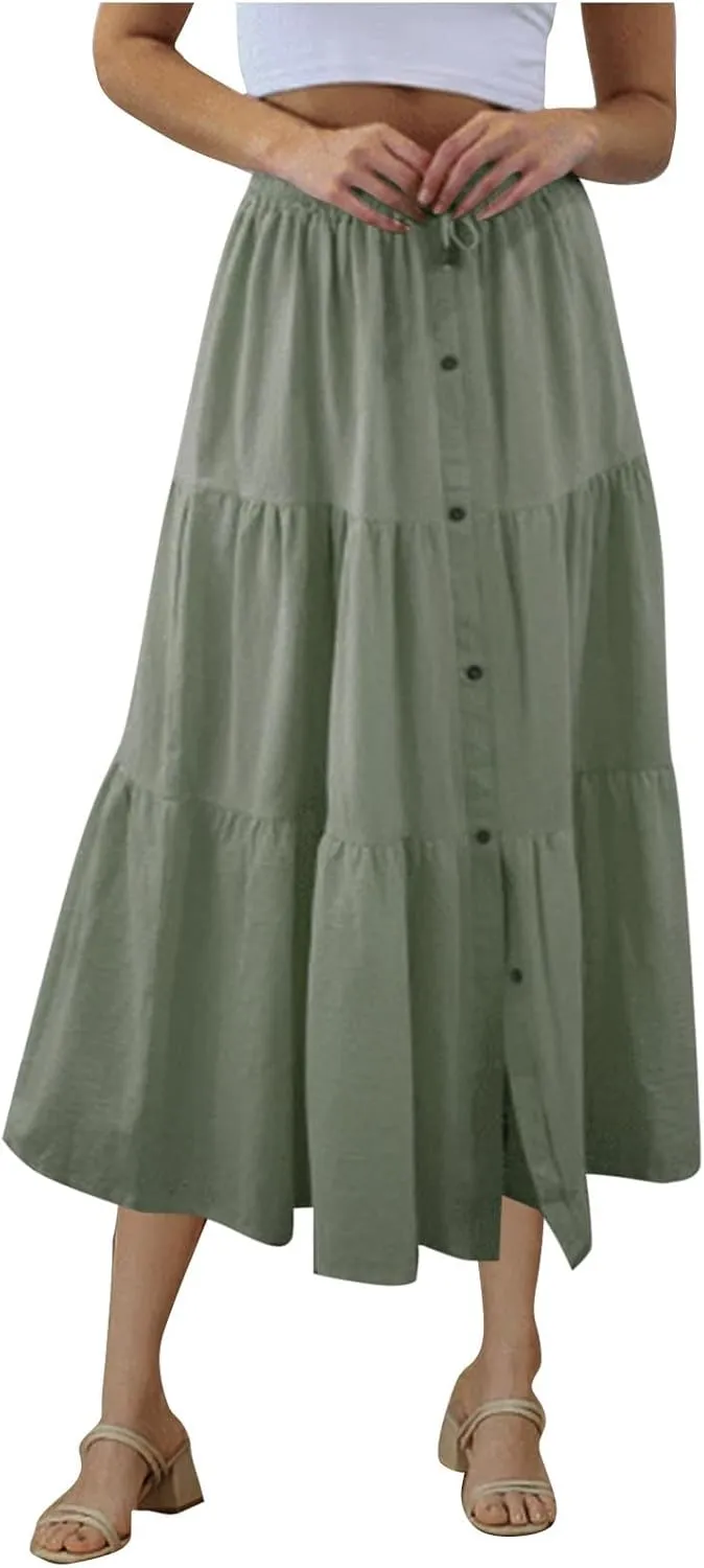 Womens A-Line Midi Skirts Casual Elastic High Waist Button Flowy Swing Pleated Solid Color Beach Boho Long Skirts