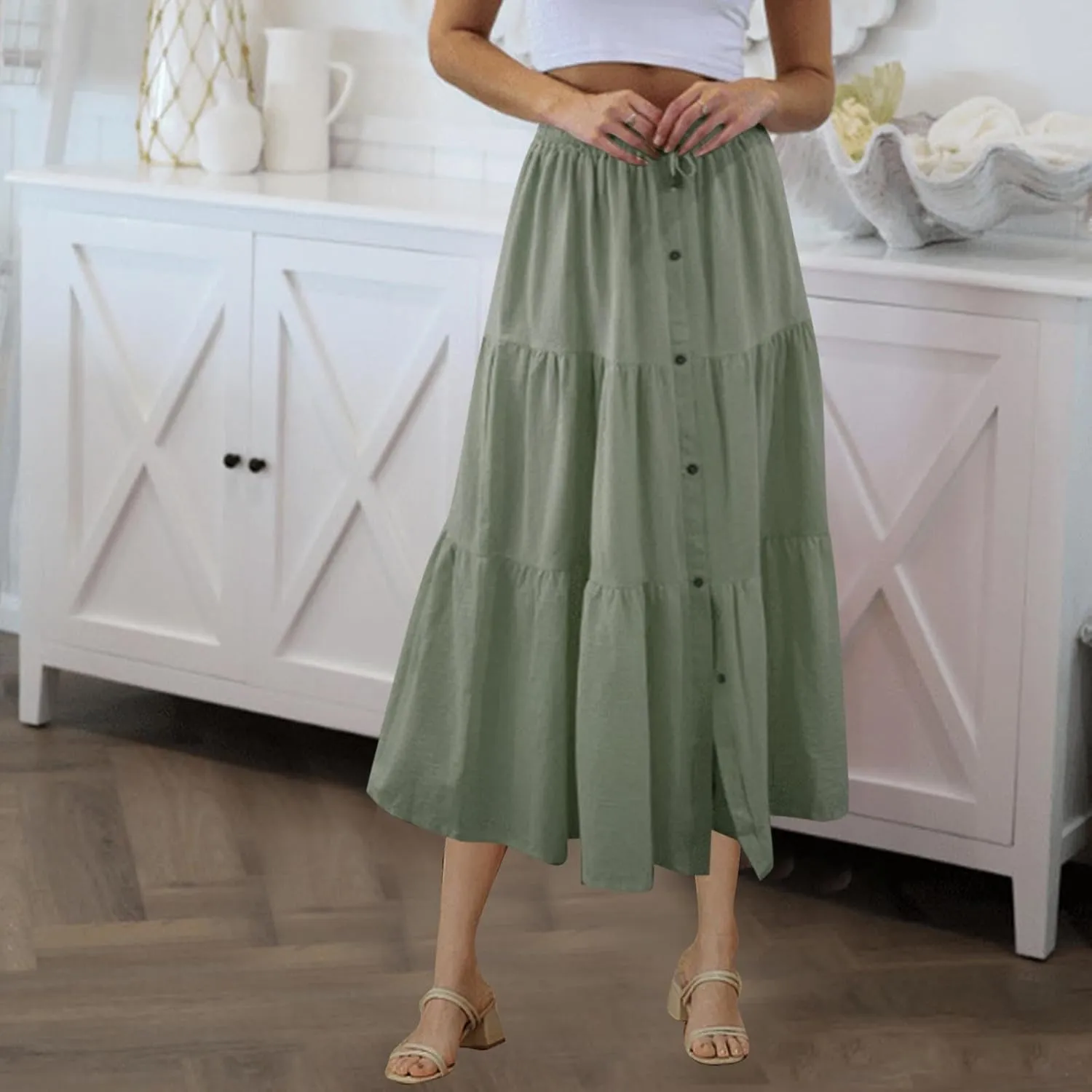 Womens A-Line Midi Skirts Casual Elastic High Waist Button Flowy Swing Pleated Solid Color Beach Boho Long Skirts