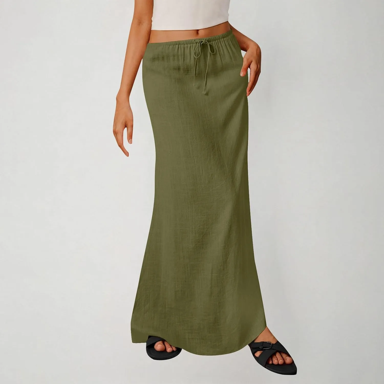 Women's Casual Long Skirts Drawstring Low Waist Maxi Skirt Summer Solid Color Loose Lightweight Beach Dress 2025