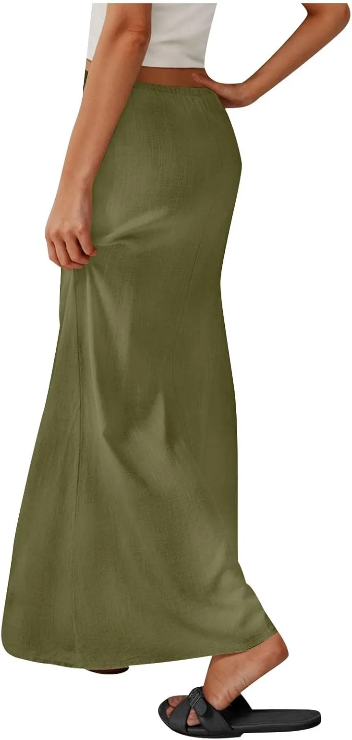 Women's Casual Long Skirts Drawstring Low Waist Maxi Skirt Summer Solid Color Loose Lightweight Beach Dress 2025