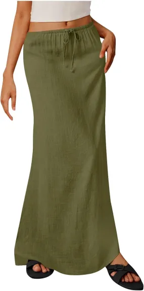 Women's Casual Long Skirts Drawstring Low Waist Maxi Skirt Summer Solid Color Loose Lightweight Beach Dress 2025