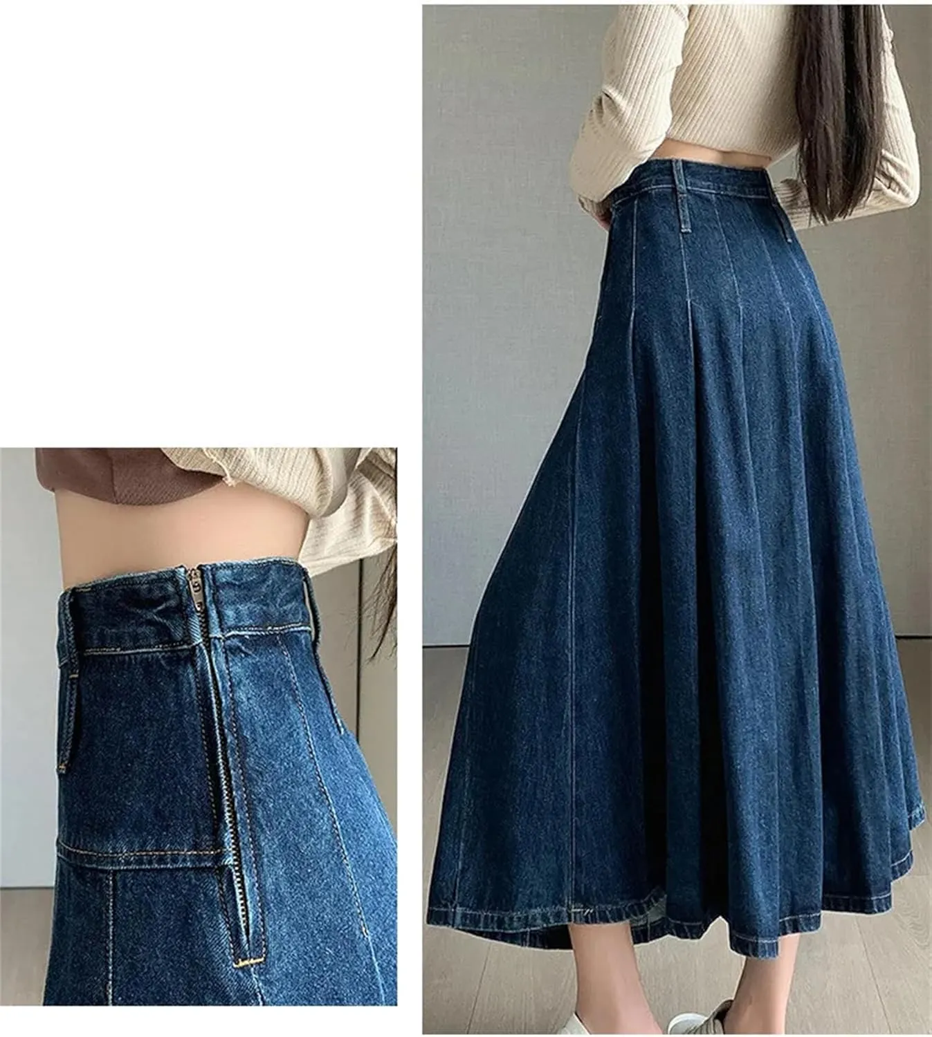 Women's Chic Long Pleated Jeans Skirts Vintage High Waist Washing Straight Loose Denim Midi Skirts