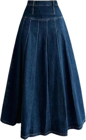 Women's Chic Long Pleated Jeans Skirts Vintage High Waist Washing Straight Loose Denim Midi Skirts
