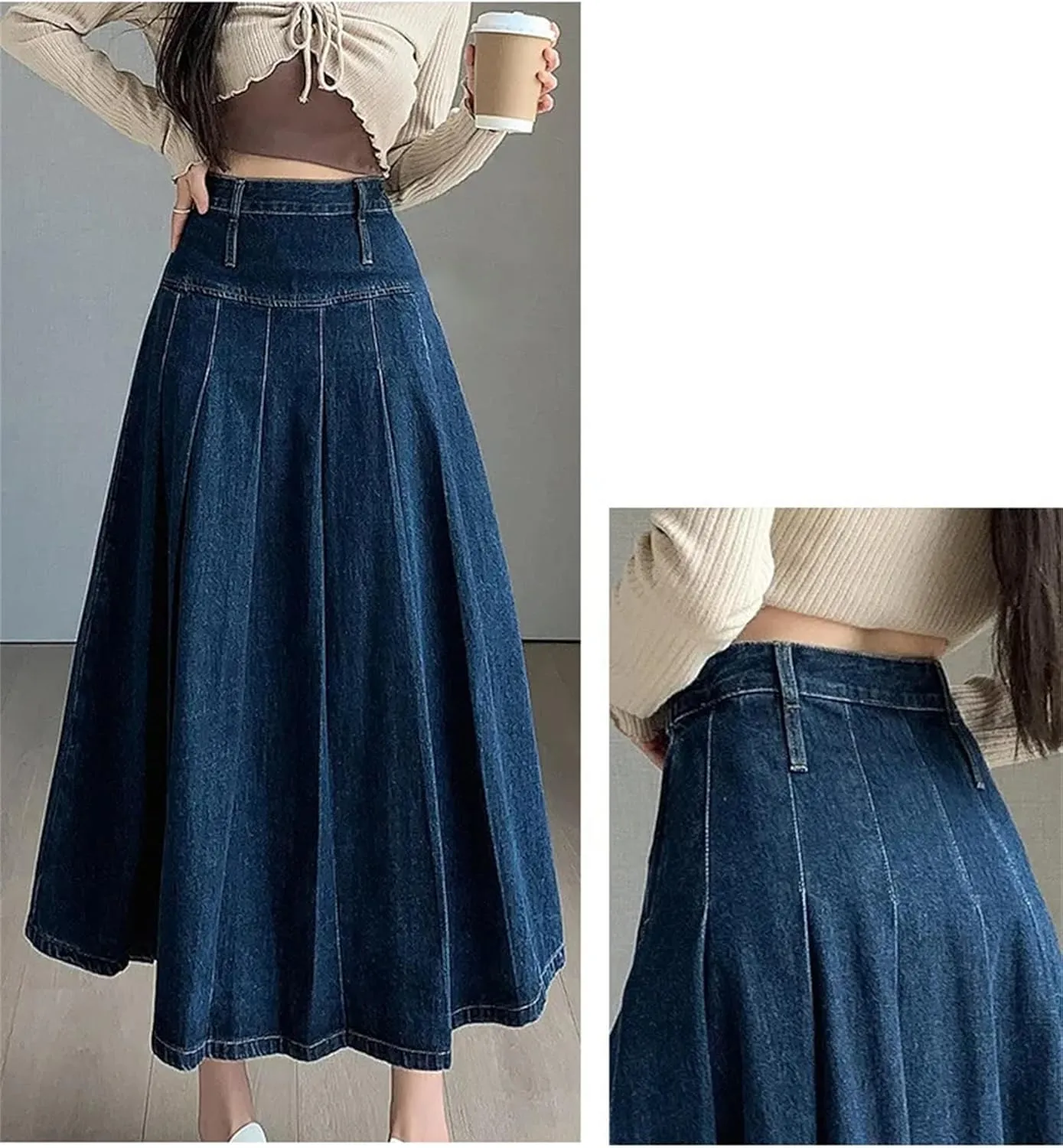 Women's Chic Long Pleated Jeans Skirts Vintage High Waist Washing Straight Loose Denim Midi Skirts