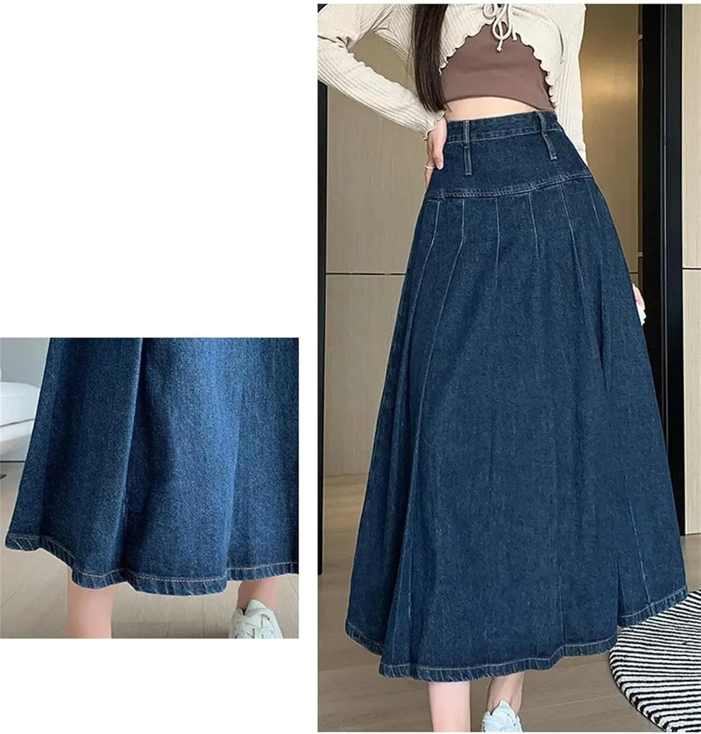Women's Chic Long Pleated Jeans Skirts Vintage High Waist Washing Straight Loose Denim Midi Skirts