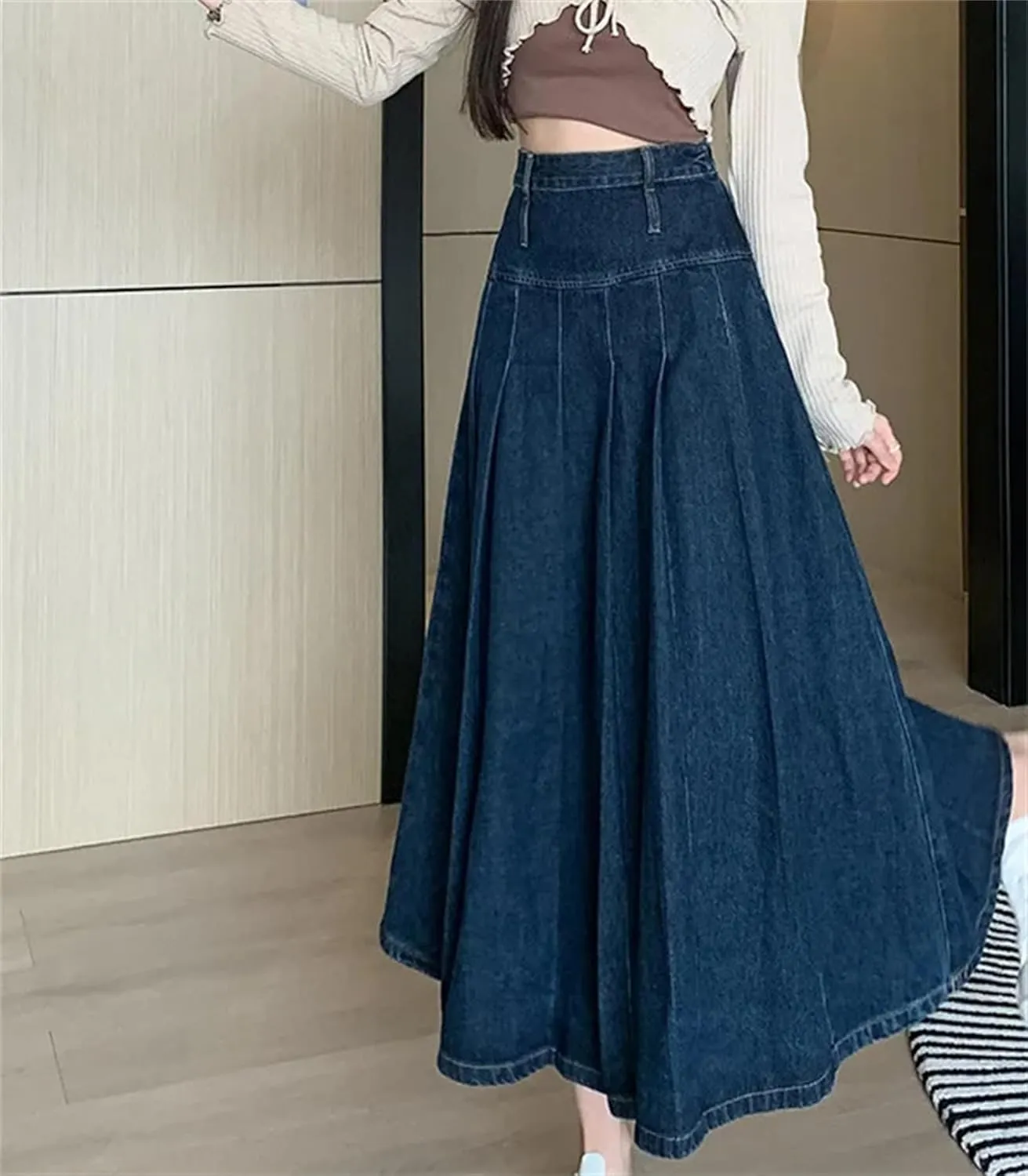 Women's Chic Long Pleated Jeans Skirts Vintage High Waist Washing Straight Loose Denim Midi Skirts