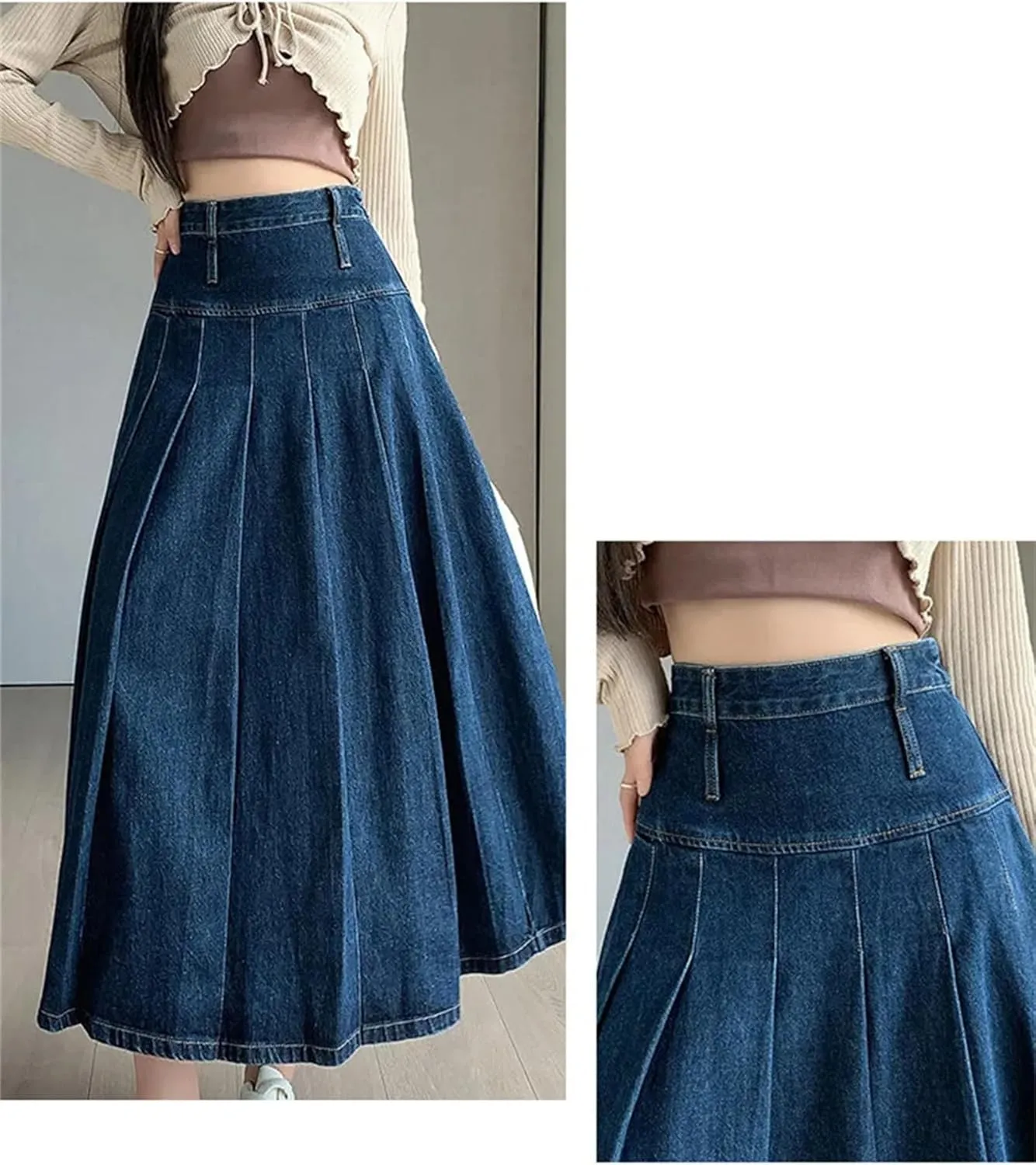Women's Chic Long Pleated Jeans Skirts Vintage High Waist Washing Straight Loose Denim Midi Skirts