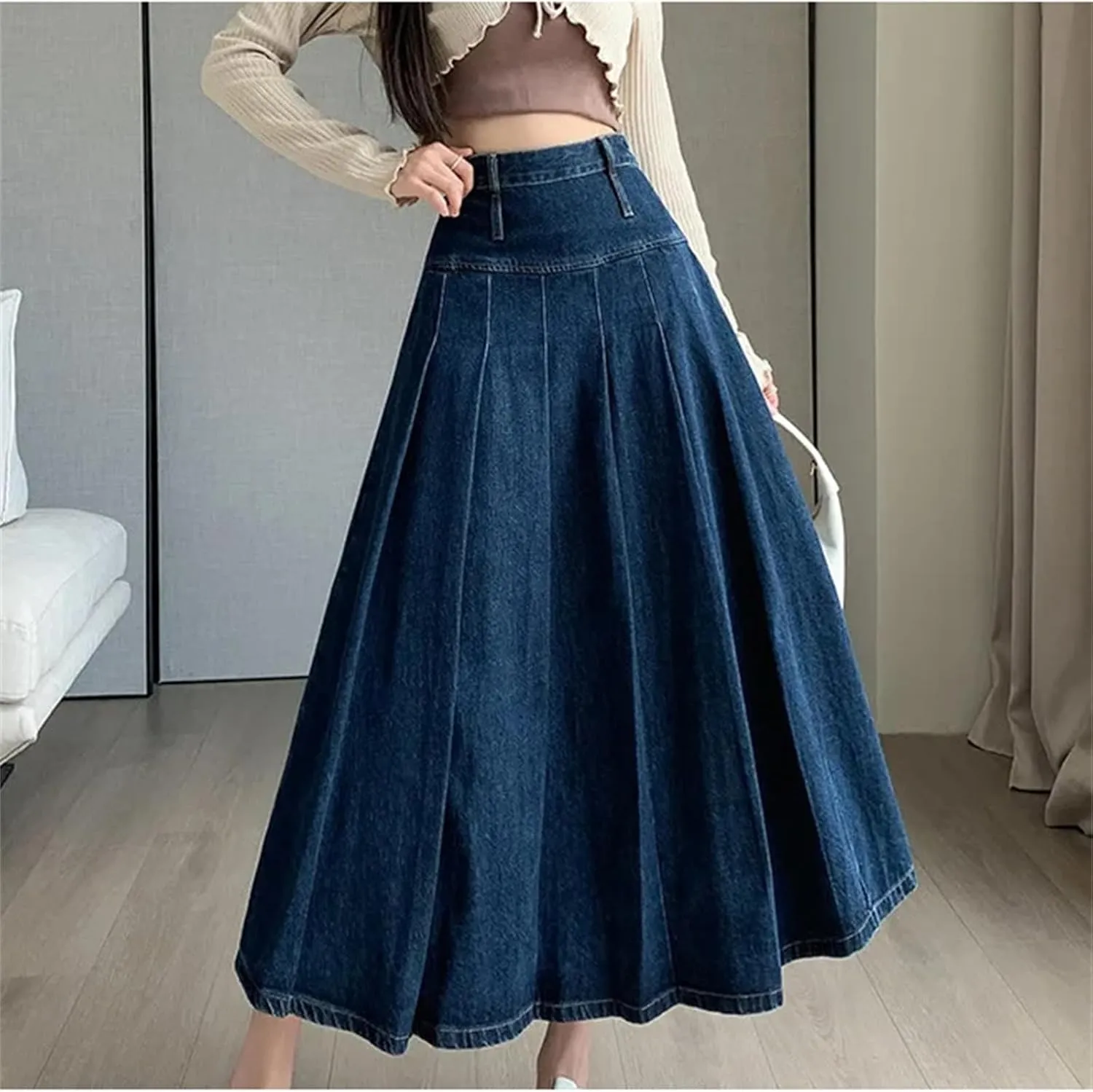 Women's Chic Long Pleated Jeans Skirts Vintage High Waist Washing Straight Loose Denim Midi Skirts
