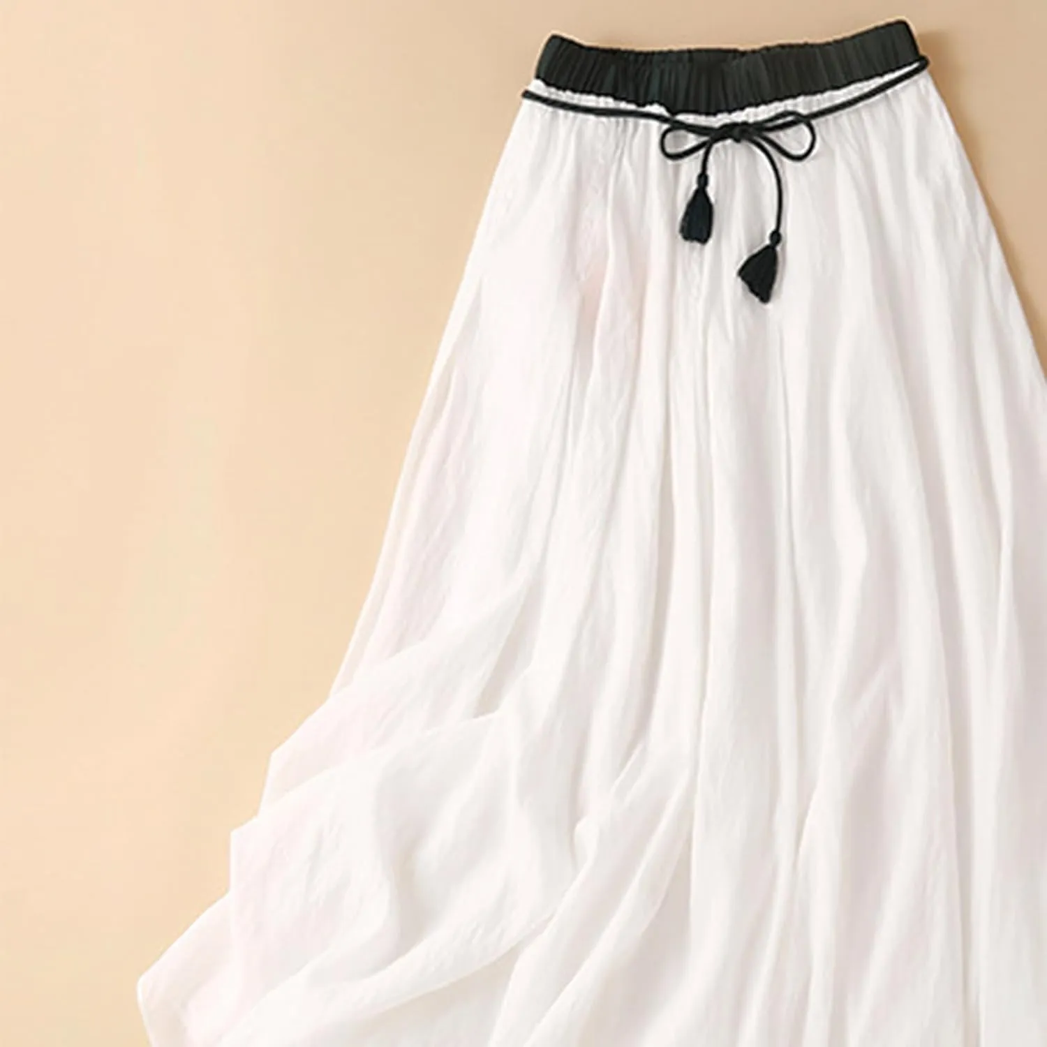 Women's Cotton Linen Retro Skirt Summer Casual Flowy A-Line Midi Skirts Color Block Tie Elastic Waist Beach Skirt