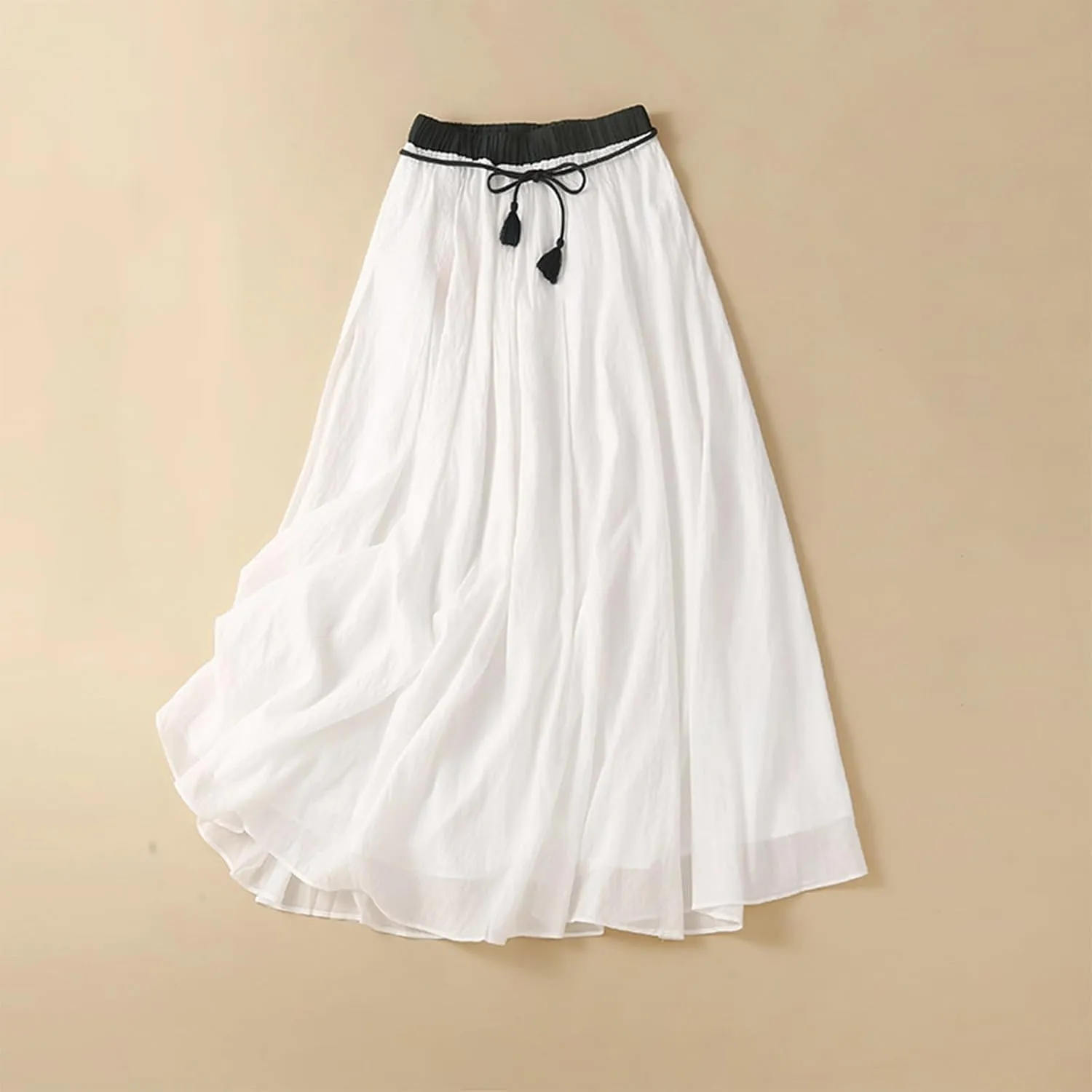 Women's Cotton Linen Retro Skirt Summer Casual Flowy A-Line Midi Skirts Color Block Tie Elastic Waist Beach Skirt