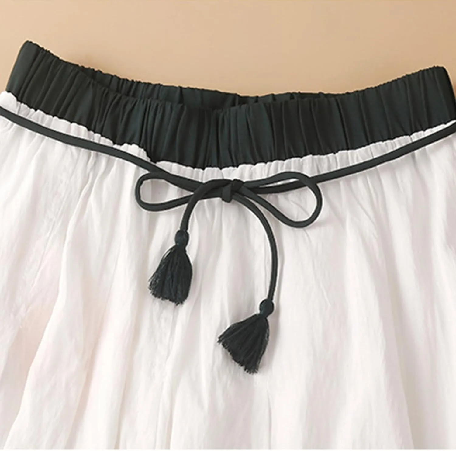 Women's Cotton Linen Retro Skirt Summer Casual Flowy A-Line Midi Skirts Color Block Tie Elastic Waist Beach Skirt