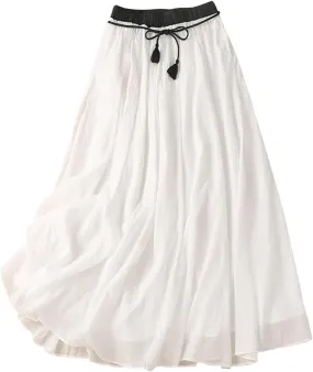 Women's Cotton Linen Retro Skirt Summer Casual Flowy A-Line Midi Skirts Color Block Tie Elastic Waist Beach Skirt