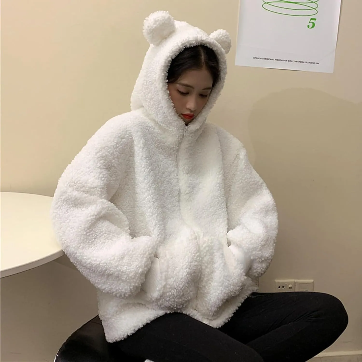 Women's Fleece Jacket Style Towel Embroidery Thickened Cotton Shirt Spliced Lamb Hooded Coat Zip Jacket, M-2XL