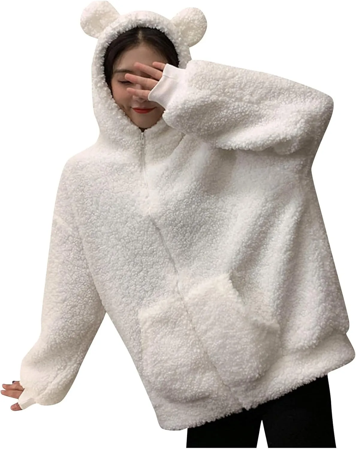 Women's Fleece Jacket Style Towel Embroidery Thickened Cotton Shirt Spliced Lamb Hooded Coat Zip Jacket, M-2XL