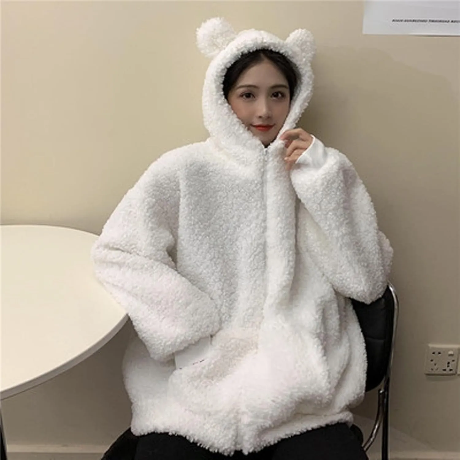 Women's Fleece Jacket Style Towel Embroidery Thickened Cotton Shirt Spliced Lamb Hooded Coat Zip Jacket, M-2XL