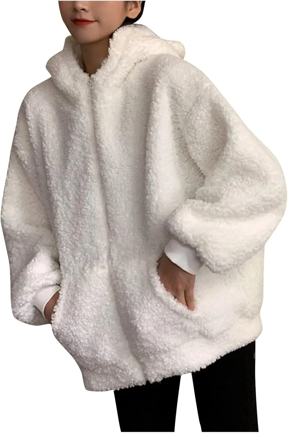 Women's Fleece Jacket Style Towel Embroidery Thickened Cotton Shirt Spliced Lamb Hooded Coat Zip Jacket, M-2XL
