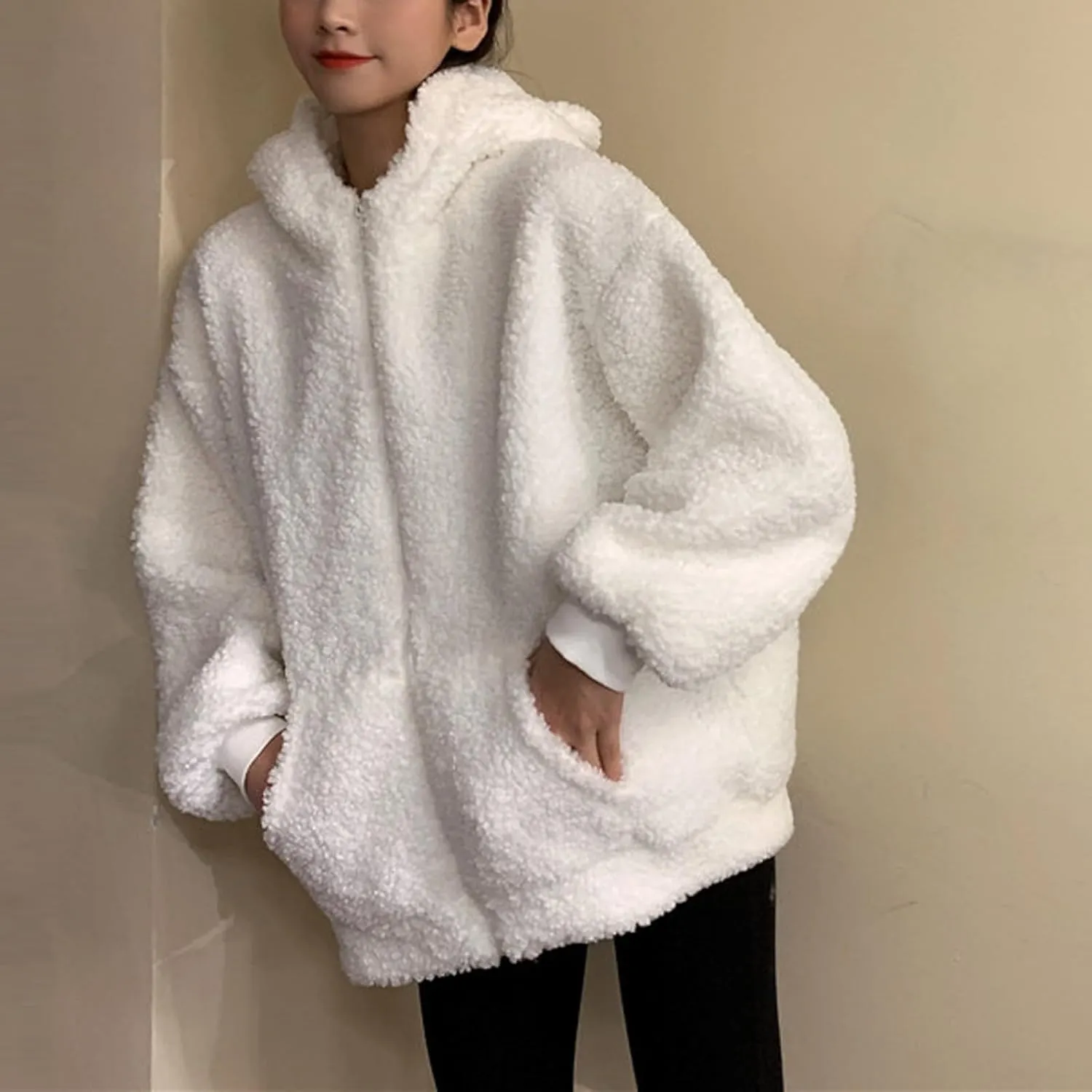 Women's Fleece Jacket Style Towel Embroidery Thickened Cotton Shirt Spliced Lamb Hooded Coat Zip Jacket, M-2XL