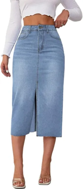 Womens Front Split Denim Long Skirts High Waist Slim Fit A Line Skirts Solid Color Street Casual Jean Maxi Skirts