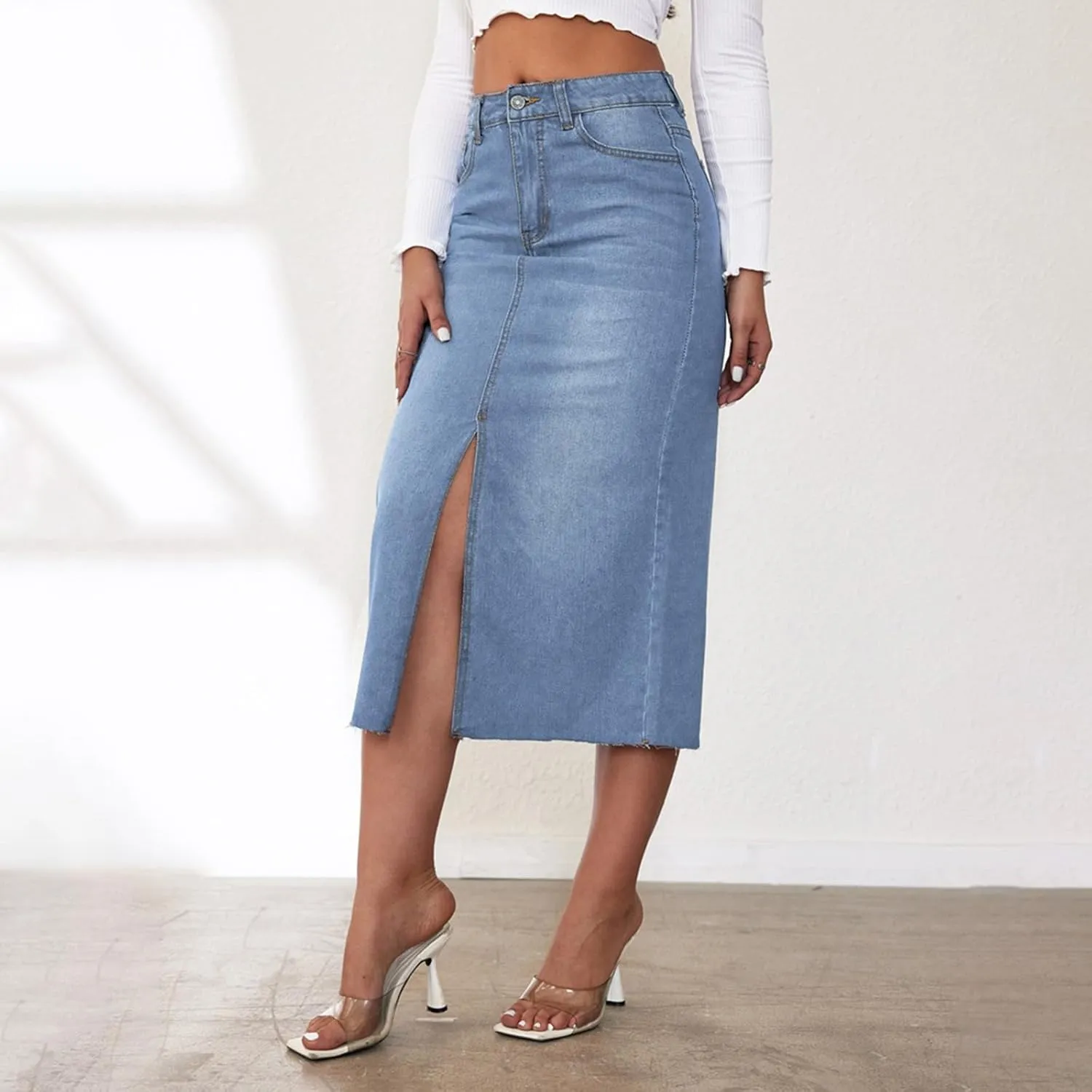 Womens Front Split Denim Long Skirts High Waist Slim Fit A Line Skirts Solid Color Street Casual Jean Maxi Skirts