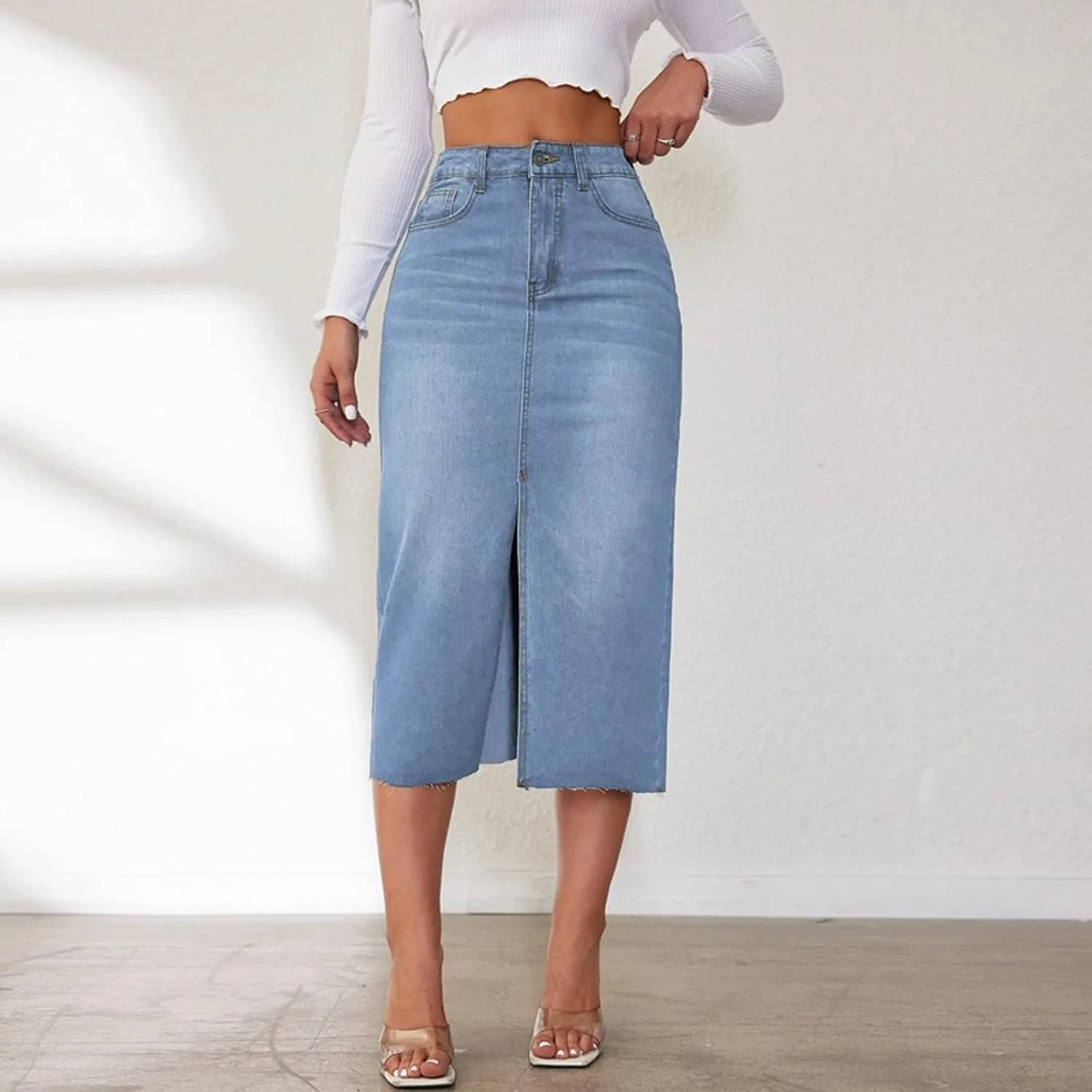 Womens Front Split Denim Long Skirts High Waist Slim Fit A Line Skirts Solid Color Street Casual Jean Maxi Skirts