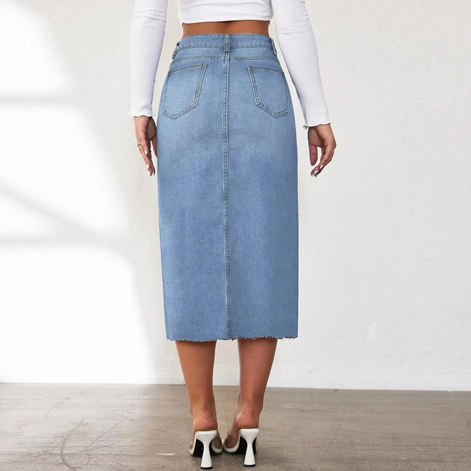 Womens Front Split Denim Long Skirts High Waist Slim Fit A Line Skirts Solid Color Street Casual Jean Maxi Skirts