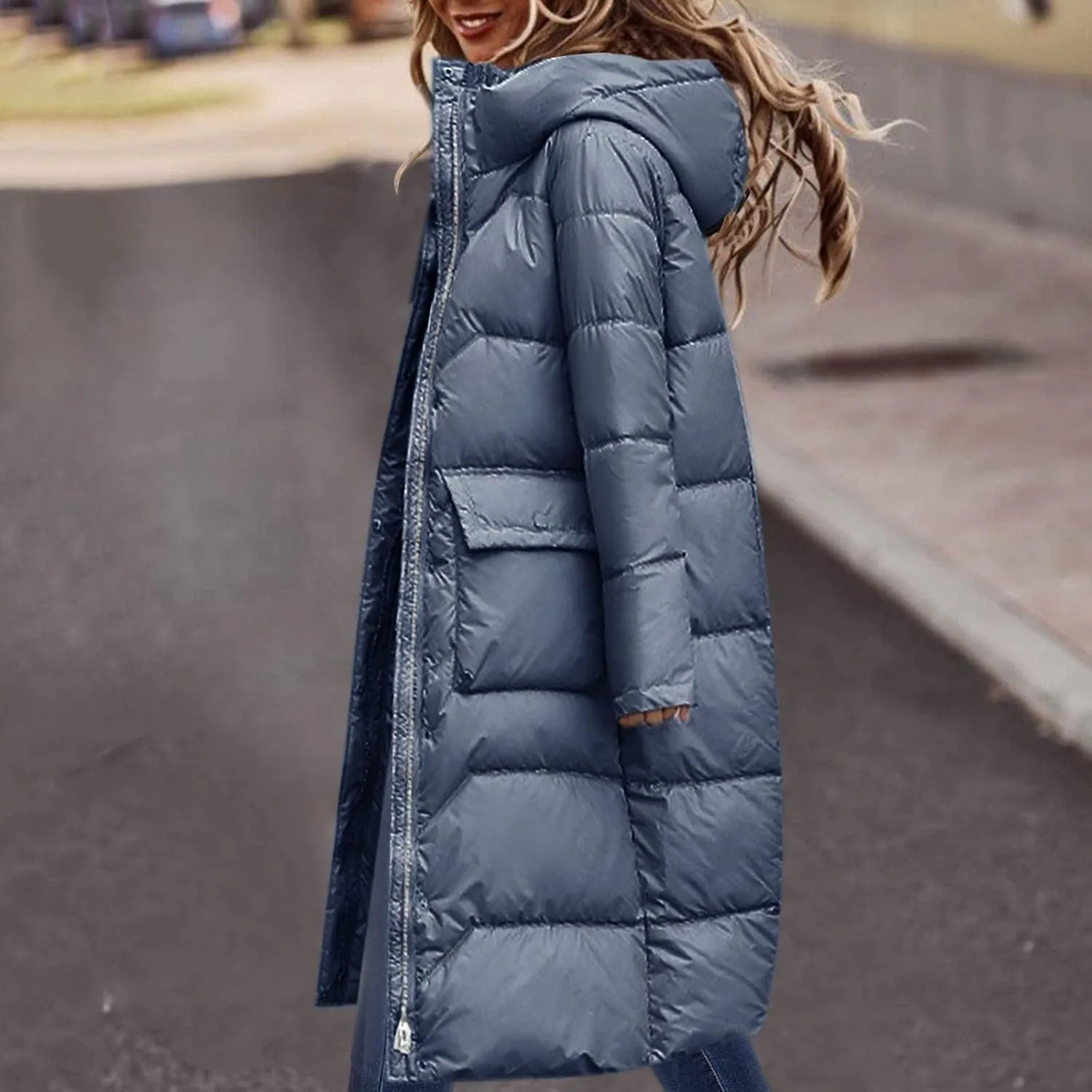 Womens Long Down Jacket Lightweight Water-Resistant Hooded Puffer Coat Winter Warm Parka Down Jackets With Pockets