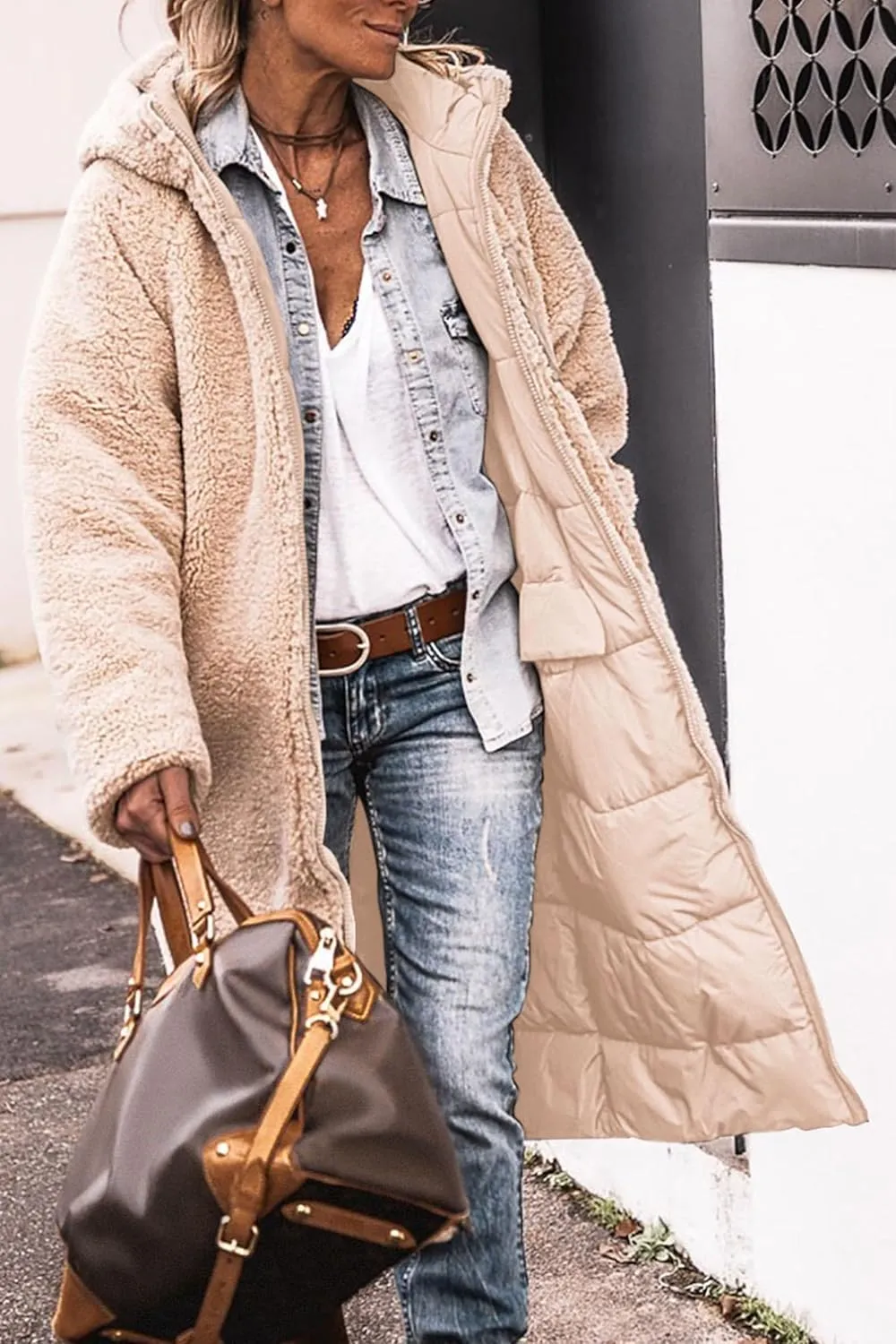 Womens Long Puffer Jackets Zip Up Hoodie Quilted Jacket Winter Warm Down Jacket Sherpa Fleece Lined Reversible Coat