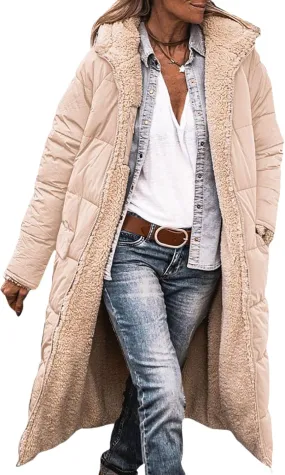 Womens Long Puffer Jackets Zip Up Hoodie Quilted Jacket Winter Warm Down Jacket Sherpa Fleece Lined Reversible Coat