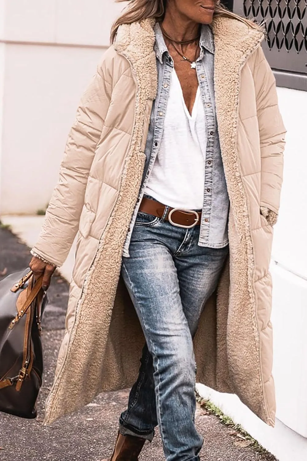 Womens Long Puffer Jackets Zip Up Hoodie Quilted Jacket Winter Warm Down Jacket Sherpa Fleece Lined Reversible Coat