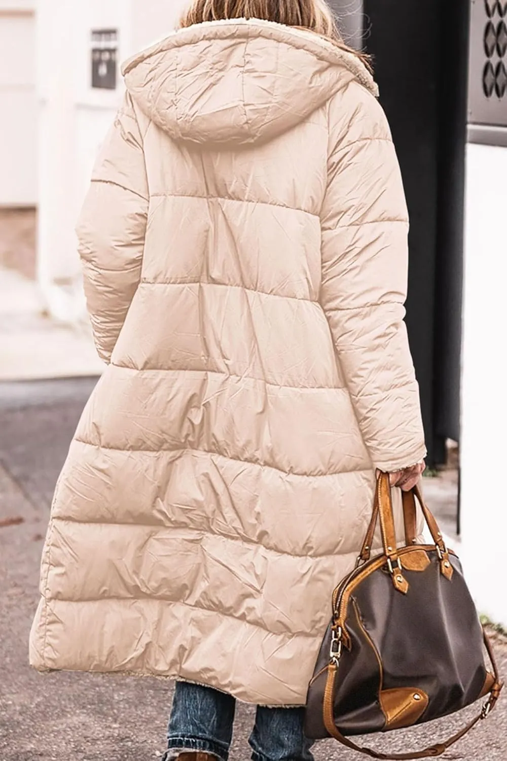 Womens Long Puffer Jackets Zip Up Hoodie Quilted Jacket Winter Warm Down Jacket Sherpa Fleece Lined Reversible Coat