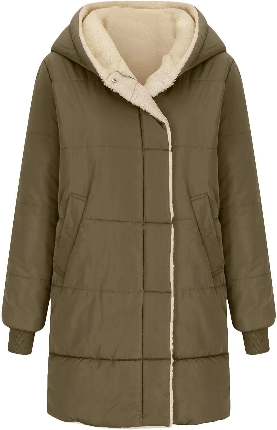 Womens Long Reversible Fleece Jacket Long Sleeve Jackets Zip Up Hoodie Warm Winter Coat Outerwear Sherpa Jackets
