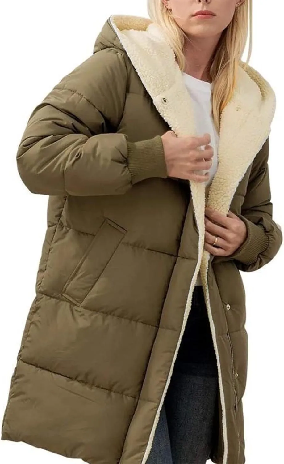 Womens Long Reversible Fleece Jacket Long Sleeve Jackets Zip Up Hoodie Warm Winter Coat Outerwear Sherpa Jackets