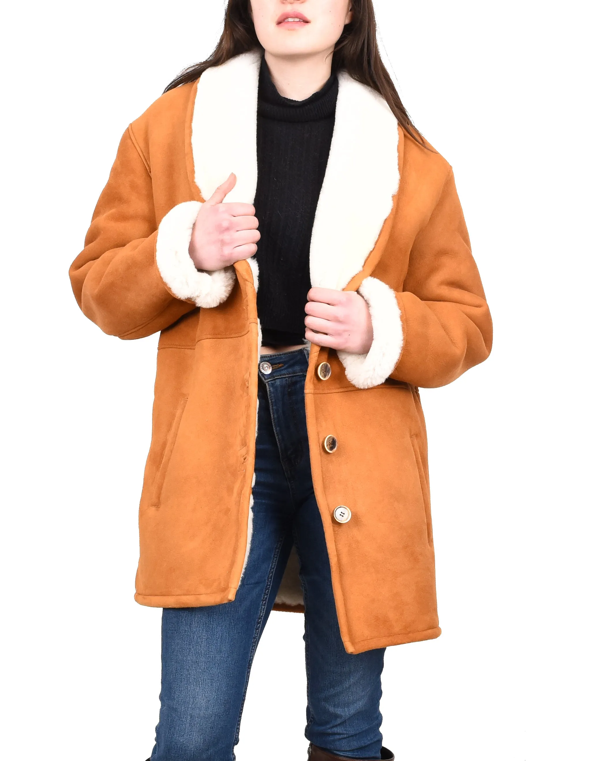 Women's Soft Sheepskin Mid Length Coat With Fur Collar Cognac Vera