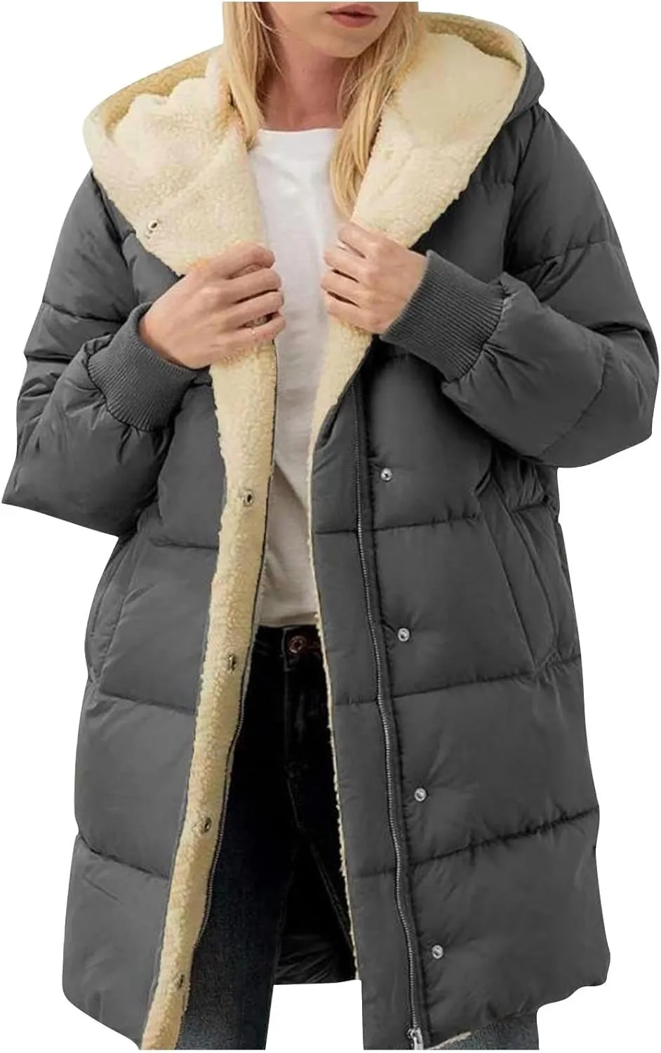 Women's Thickened Long Down Jacket Winter Down Coat Hooded Puffer Jacket with Zipper Trendy Reversible Warm Coats