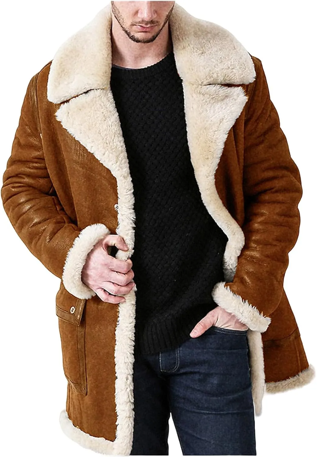 ZWRXW Mens Faux Fur Suede Leather Coat Lapel Sherpa Lined Fleece Shearling Jacket Winter Thicken Warm B3 Bomber Outwear